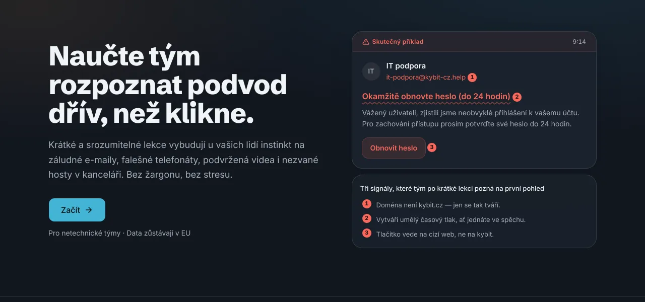 Kybit Education: úvodní obrazovka s ukázkou phishingového e-mailu